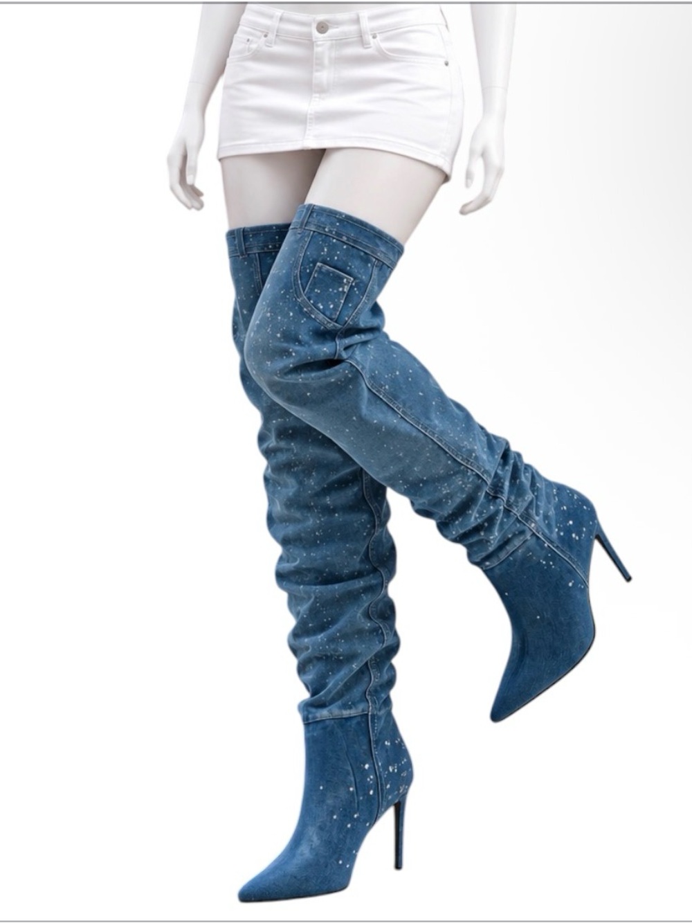 Azalea wang Rare Western Y2K Denim thigh-high stiletto pointed toe boots size 6